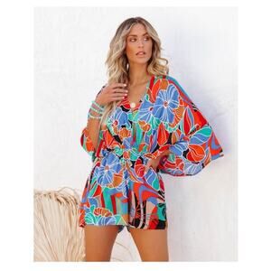 AaKaa Women's Kimono Romper Size Medium Tropical Print Vacation Resort NWT